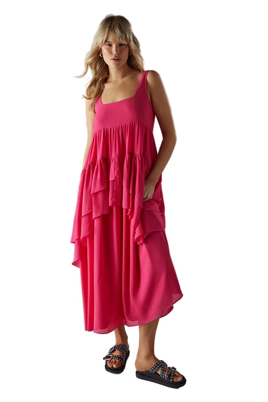 WAREHOUSE Chiffon Ruffle Tier Smock Midi Sundress, 10, Hot Pink