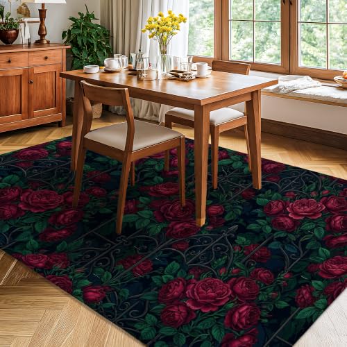 Alfombra de rosas para dormitorio decorativa clásica rectangular y antideslizante 4