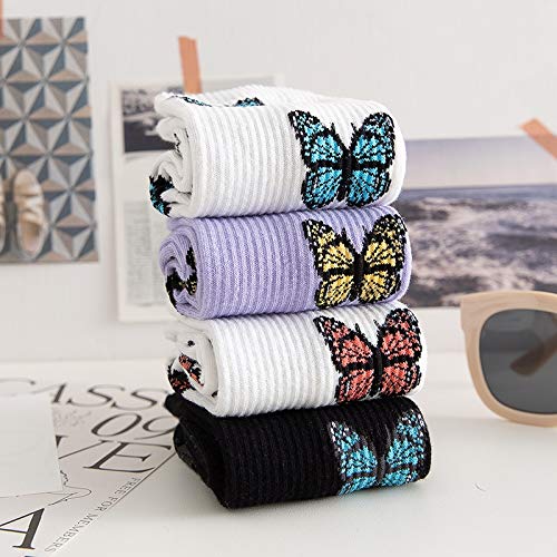 4 Paar lustige Frau Socken Frauen Baumwolle Harajuku Skateboard Tube Socken Set Los Happy Hip Hop Lange Socke Tier Soks Kunst Schmetterling yc0209 (Color : 2 Purple 2 Black, Size : One Size)