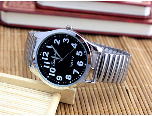 Vavna VAVNA1129 Classic Men’S Easy Reader Big Dial Number Sliver Stainless Steel Expansion Strap Bracelet Elastic Wristwatches thumb #3