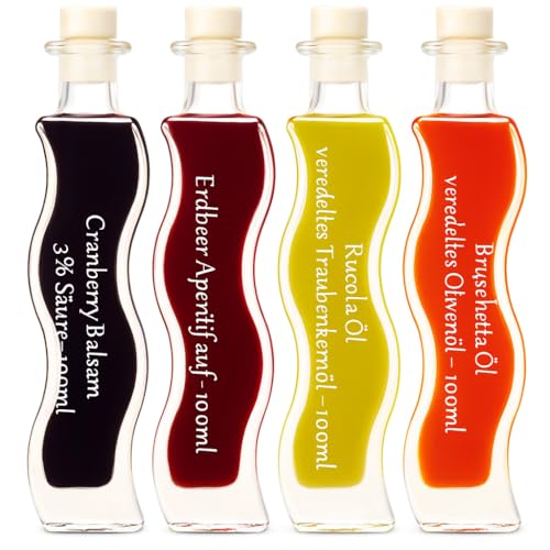 Feinkost Essig & Öl Set – 4er [4x100ml] Geschenkset mit Cranberry Balsam, Erdbeer Aperitif, Rucola Öl & Bruschetta Öl – Edle Gourmet Flaschen für Salate, Antipasti & Küche – Geschenkidee für Genießer