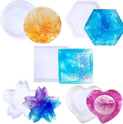 YZNlife 5 Pack Coaster Resin Molds Silicone Coaster Molds Epoxy Resin Molds for Resin, Concrete, Cement Cups Mats, Home Decoration