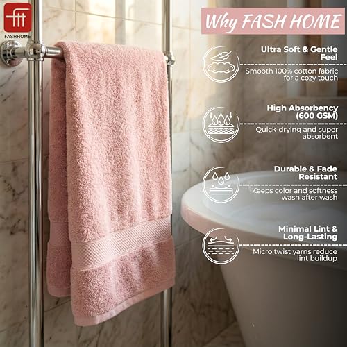 Image of Fash Home 600 GSM Combed Cotton Bath Towel 75x150 cm - Ultra Soft, Quick Dry, Highly Absorbent, Luxury Bathroom Towel, 1 Piece (Peach)
