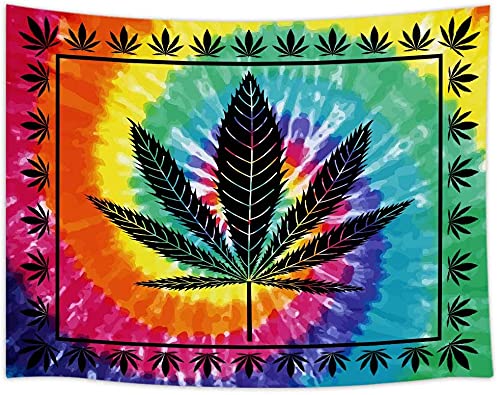 Trippy Cool Weed Tapestry For Men, Psychedelic Cannabis Leaf Tapestry Wall Hanging, Boho Bohemian Marijuana Leaves In Hippie Tie- Dye Mandala Gypsy Wall Decor For Bedroom Living Room Dorm,60X40In #TOP4