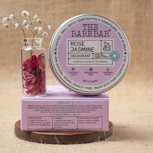 Image of The Bare Bar Rose Jasmine Deodorant - 50 gm | Floral Fragrance| Odor & Sweat Control | Natural formula and Chemical free| Good for all skin types | Travel Mini Size Solid Deodorant for Men & Women