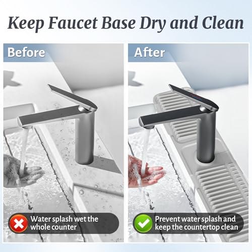 Image of PoYang 24 inch Faucet Mat for Kitchen Sink Splash Guard, 7 Slope Silicone Sink Water Splash Guard for Kitchen Sink Area with Snap, Longer Sink Protectors for kitchen Sink Sponge Holder, Light Grey