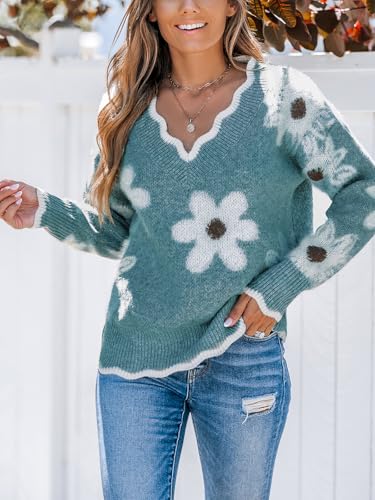Image of CUPSHE Sweaters for Women Long Sleeve Pullover Knit Tops | Floral Scalloped V Neck Pullover Sweaters, Soft and Cozy Fabrics, Relaxed Fit, Fall Clothes, Winter Clothing, Cute Fashion