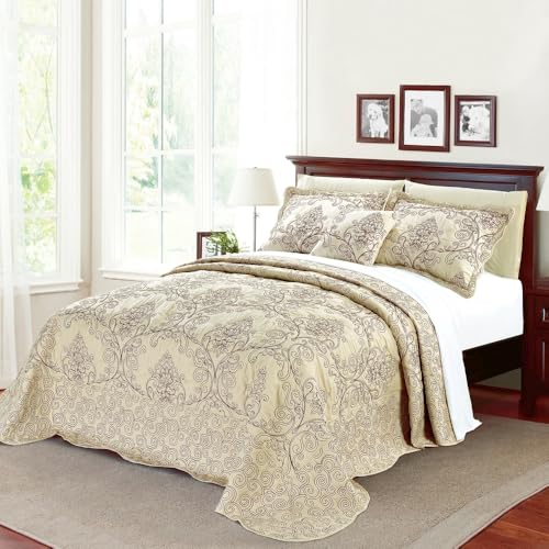 French Country Style 4 Piece Pretty Embroidered Geometric Pattern Oversized King Bedspread | All Seasons Shabby Chic Bedding Beige Tan Brown Color Designer Aesthetic Look Soft Plush Cozy Feel