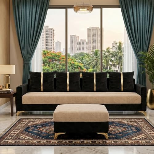 Image of Caviar 5 Seater L Shape Sofa Set with Movable Ottoman | Flexible Layout | Luxury Velvet Suede Fabric | Modern Living Room Sofa | Black - Cream