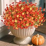 INXUGAO Fake Fall Flowers Artificial for Decoration, 12 Bundles Faux Plants Silk Orange Flowers Morning Glory Petunias Realistic UV Resistant for Outdoors Planter Porch Patio Window Box, Sunset