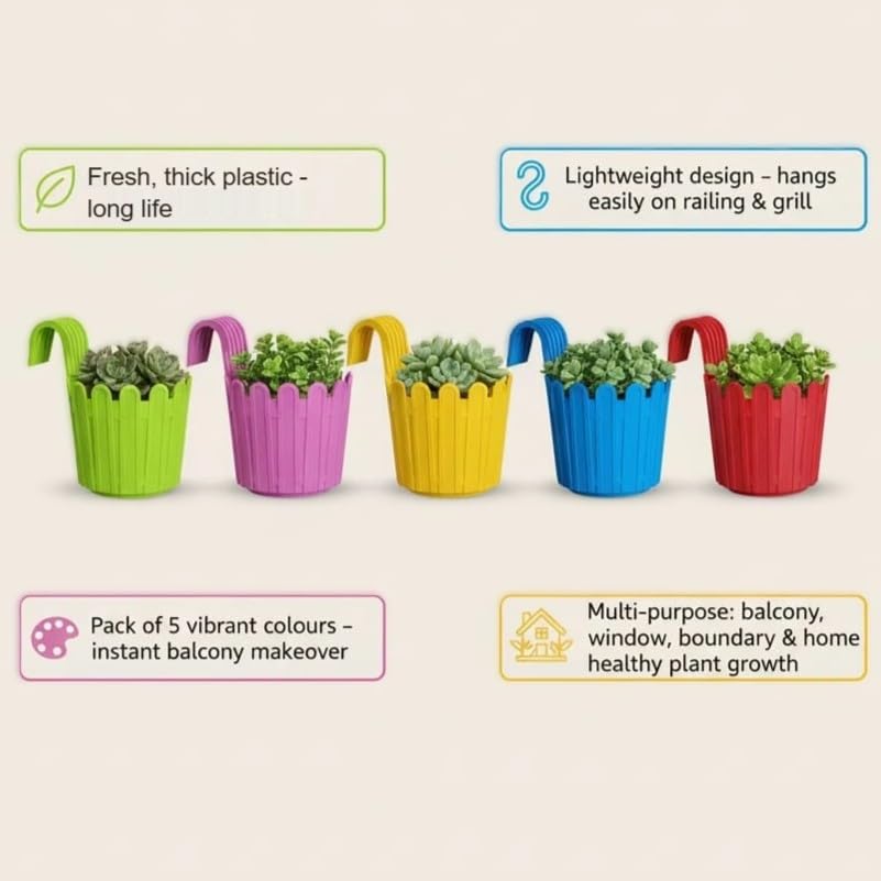 Image of Premium Multicolour Railing Planter with Hook - Durable Plastic Hanging Flower Pot for Balcony, Fence Design Gamla for Indoor /Outdoor Plants, Herbs & Creepers (5, Multicolour)