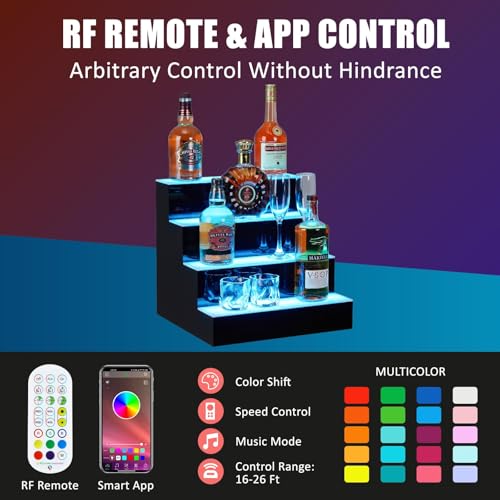 4 Tiers LED Lighted Liquor Bottle Display,16in LED Liquor Shelf with Remote & App Control,16 Colors,4 Modes,Bottle Shelf Multi-Color Lighting Modes,Bars