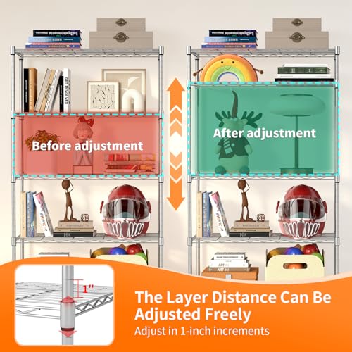 Image of BestOffice | 5-Tier Wire Storage Shelves with Wheels | 14 x 30 x 61 | Chrome | with Adjustable Racks | Heavy-Duty Metal Shelf, Holds Upto 1250 lbs | No-Tool Assembly | Ideal for Home & Garage Shelving