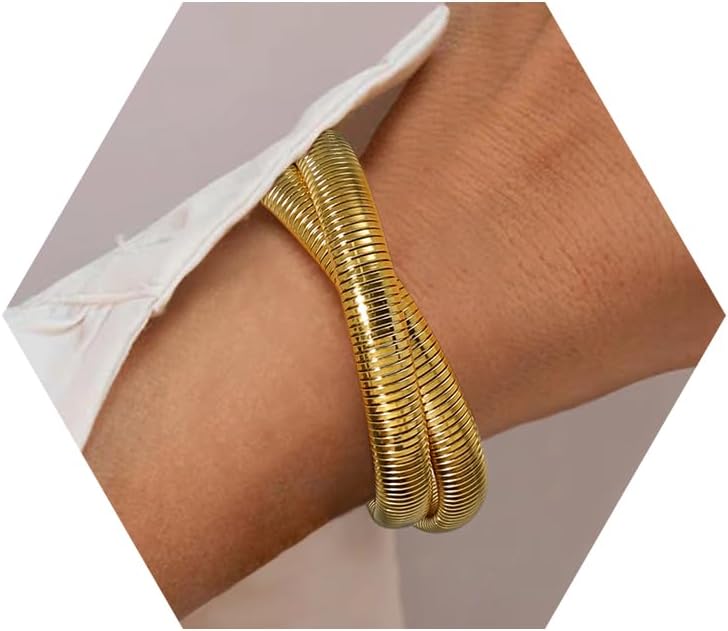 Gold Bangles for Women Chunky Stretch Bangles Bracelets Set 18K Gold Plated Stainless Steel Link Chain Bracelets Flexible Wide Wristband Bracelets Set of 3 Jewelry Gifts for Women