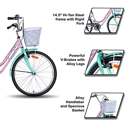 Image of Vaux Pearl Lady Cycles for Womens| Specially Designed for Only Ladies and Young Girls| It is Vibrant and Elegant Bicycle That Will Undoubtedly Provide Calm and Comfort While Riding (16T, Green-Pink)