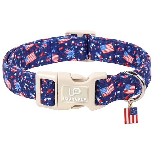 UP URARA PUP American Flag Dog Collar 4th of July Cotton Patriotic Pet Collar Adjustable Durable Quick Release Buckle with Charm for Small Medium Large Dogs