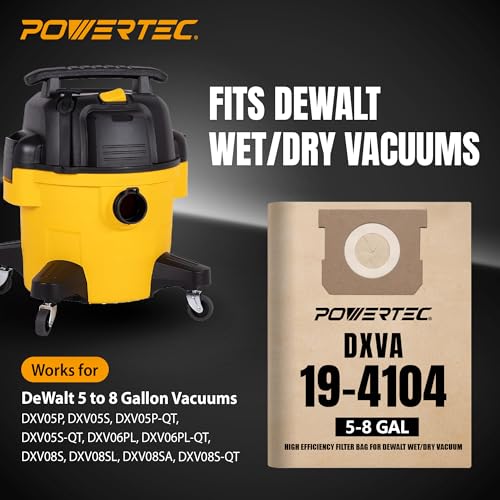 Image of POWERTEC DXVA19-4104 Shop Vac Bags 10PK for Dewalt 5-8 Gallon Wet /Dry Vacuums DXV05P-QT, DXV05S-QT, DXV06P-QT, DXV06PL, DXV08SA, Replacement Shop Vacuum Dust Collection Filter Bags (75129-P2)
