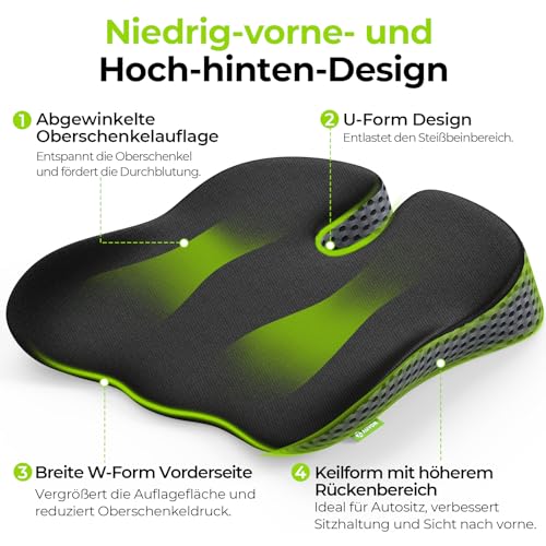 AUVON Keilkissen fürs Auto Stuhl mit U-Form-Design zur Sitzerhöhung & Haltungssupport, Memory Foam Sitzkissen-Auto zur Linderung von Steißbein-, Rücken- und Ischiasschmerzen, rutschfeste Unterseite
