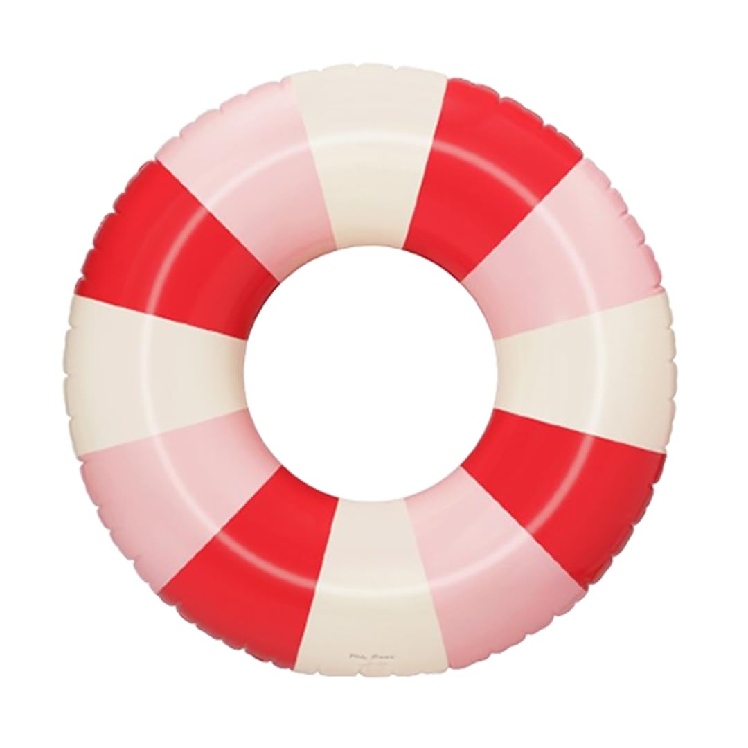 Petites-Pommes Pool Donut for Kids - Durable Inner Tube, Handprinted Classic Striped Design Pool Water Tubes, Soft Comfort Seaming, Packable Floats for Travel, Red & Pink, 35 inch — image 1