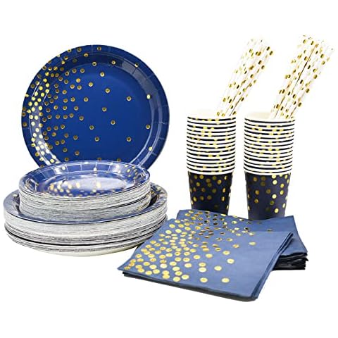 Serve 50 Guests 250PCS Disposable Blue and Gold Party Plates Cups Napkins Straws Sets Blue Party Plates Decorations for Birthday Party Wedding Cover