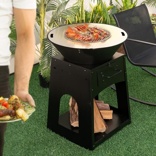 Image of Tangkula Outdoor Fire Pit with Storage, Patio Wood Burning Fireplace with Grill & Ash Box, Spacious Bottom Storage Compartment, Fire Poker & Gloves Included, Multifunctional Fire Pit for BBQ, Bonfire