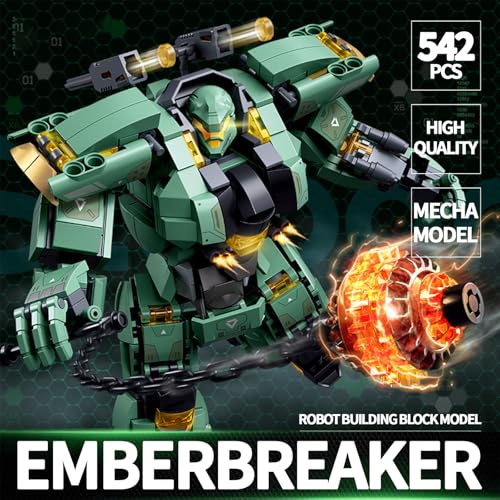 Image of Green Heavy Mecha Building Set 542 Pieces Armored Robot Action Figure with Meteor Hammer Weapon Articulated Military Warrior Model Kit Sci-Fi Collectible Gift for Adults Teens