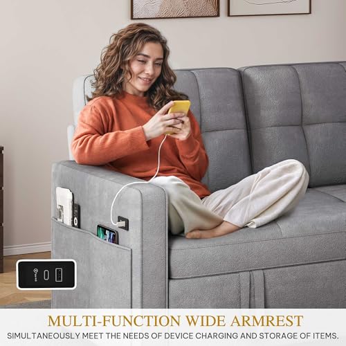 DWVO 55" Convertible Sofa Bed, 3-in-1 Sleeper Sofa with Pull-Out Couch, Velvet Futon Couch with Adjustable Backrest and USB, Modern Loveseat for Living Room Apartment, Light Grey