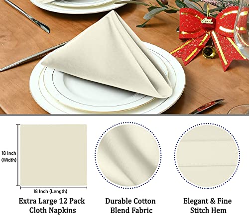 Image of Ruvanti Cloth Napkins Set of 12, 18x18 Inches Napkins Cloth Washable, Soft, Durable, Absorbent, Cotton Blend. Table Dinner Napkins Cloth for Hotel, Lunch, Restaurants, Wedding Parties - Ivory /Cream