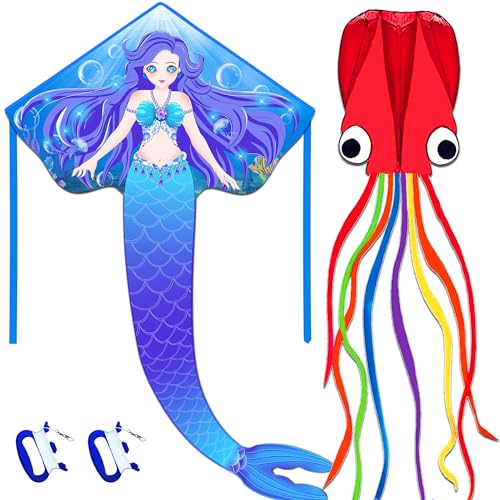 HONBO Drachen Kinder, Flugdrachen für Kinder ab 6,Meerjungfrauen- und Pegasus-Drachen für Jungen, Mädchen, Kinder, großer Delta-Stranddrachen für Spiele und Aktivitäten im Freien(Mermaid+Octopus)