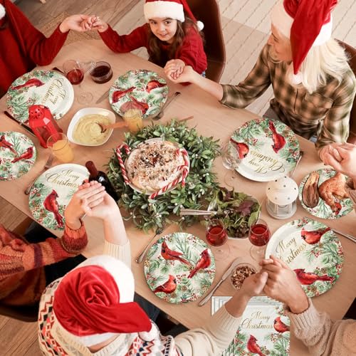 Christmas Cardinal Party Decorations, 144Pcs Cardinal Vintage Christmas Paper Plates and Napkins Xmas Red Birds Disposable Dinnerware Set for Winter Xmas Holiday Party Supplies – Image 4
