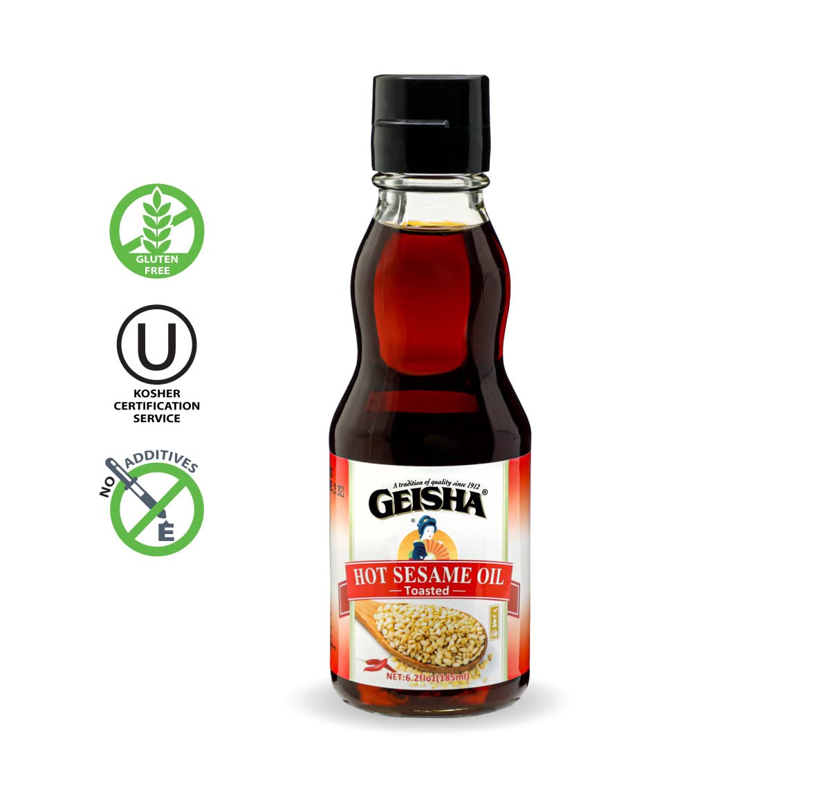 GEISHA Hot Sesame Oil 6.2 FL OZ. (Pack of 12) Hot Sesame Oil| Kosher Certified – Vegan – Gluten Free – No Food Additive – Product of Taiwan – Contain Essential Fatty Acid (Polyunsaturated Fat 6g & Monounsaturated Fat 5g)