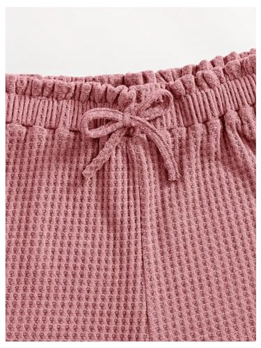 Image of RoseSeek Girl's 2 Piece Outfits Waffle Knit Scoop Neck Button Down Crop Tank Tops Paperbag Waist Track Shorts