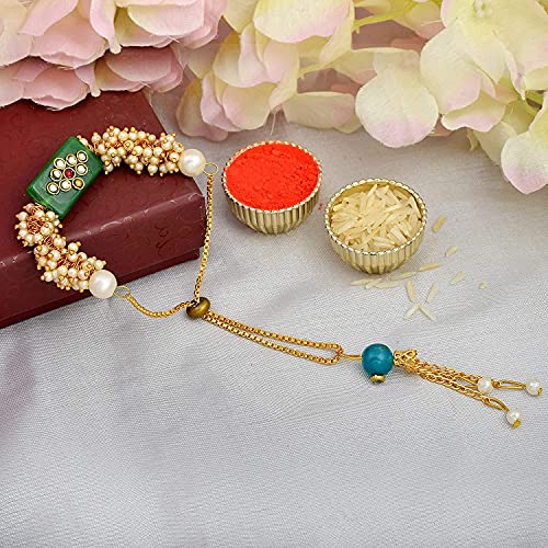Image of MANBHAR GEMS - Gold Plated Flower Couple Rakhi Rakshabandhan Bhaiya Bhabhi /sister /Bhai /Brother - Kundan Stone Rakhi /Special Bracelet /Moli Dora Rakhi /Roli Chawal For boys