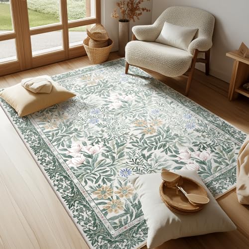Image of Botanical Floral Area Rug 4x6 Light Green Cream Vintage Garden Design, Perfect for Living Room, Bedroom, Kids Room, Nursery - Stain & Water Resistant Non-Slip, Pet & Child Friendly Area Rugs