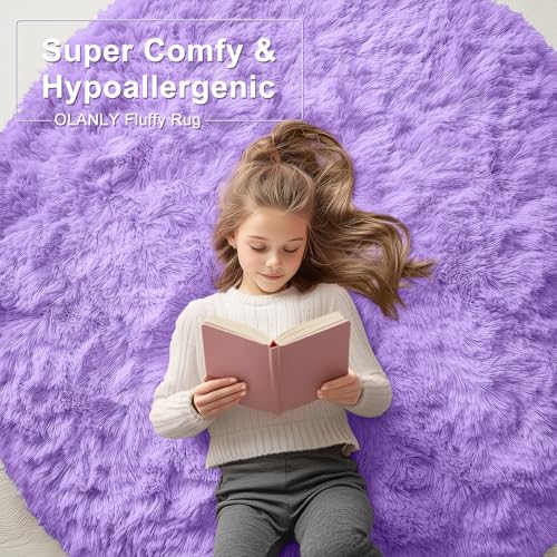 OLANLY Purple Round Rugs for Bedroom - Machine Washable, 7 ft Circle Area Rugs for Living Room, Soft and Fluffy Shaggy Carpet for Teen Girls and Boys, Nursery Rooms, Dorms, Home Decor Aesthetic