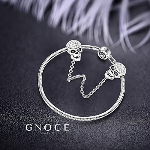 GNOCE Black Skull Charm Bracelet with Safety Chain Sterling Silver Snake Chain Because I Love You Basic Charm Bangle with Round Clasp2