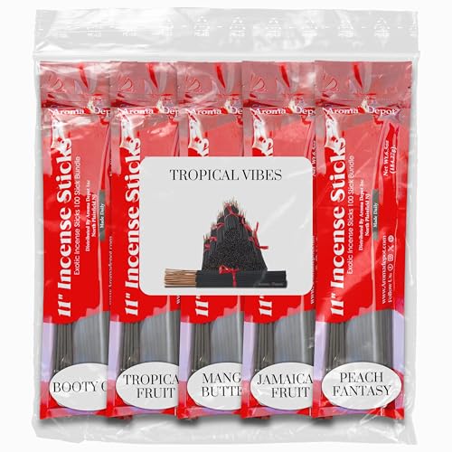 Tropical Vibes 11'' Incense Sticks - Variety Set 500 Pack - 11 inch - 5 Bundles 100 Sticks Per Fragrance Scent. Set Features Booty Call, Jamaican Fruit, Mango Butter, Peach Fantasy, Tropical Fruit