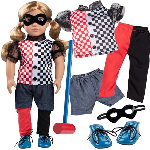 Harley Quinn Inspired Doll Outfit (7pc Set)- Super Hero Clothes & Accessories Compatible w American Girl Doll- Includes Shirt, Shoes, Mallot, Socks- Gift Set for Girls, Kids, & Doll Collectors