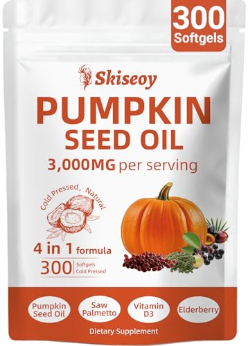 Pumpkin Seed Oil Capsules 300 Softgels | 3000mg Cold Pressed & Pure Virgin Oil | Supports Hair Urinary Bladder & Prostate Health Immune | Vegan Non-GMO