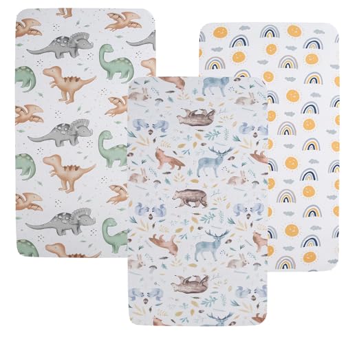 Image of Tontukatu Pack n Play Sheet Stretchy Fitted Portable Mini Crib Sheets Set 3 Pack,Playard Sheets Convertible Playard Mattress Cover,Ultra Soft Jersey Material,Sun/Forest Deer/Dinosaur