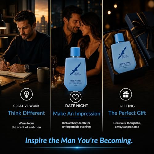 Image of Blue Stratos Inspire Eau de Toilette for Men 100ml | Free Deodorant Included | Citrus Amber Spice Perfume | Sandalwood & Musk Base | Long-Lasting Luxury Cologne