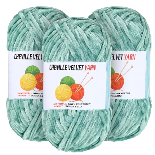 Image of 3 * 100g Velvet Chenille Chunky Yarn for Crocheting, Handcrafts Weaving Soft Chenille Yarn for Crocheting Clearance, Used for Making Baby Yarns Blanket, Clothes, Knitting Creations (Light Green)