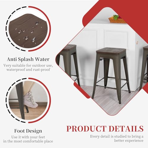 Image of FDW Metal Bar Stools Set of 4 Counter Height Bar Stools 24 Inches Industrial Bar Chairs Patio Stool Stackable Backless Stool Indoor Outdoor Metal Kitchen Stools Bar Chairs (Bronze with Wood, 24 inch)