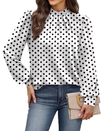 Image of WIHOLL Long Sleeve Shirts for Women Mock Neck Tops Pleated Front Blouses Dressy Casual Spring Fall Clothes 2026 Fashion