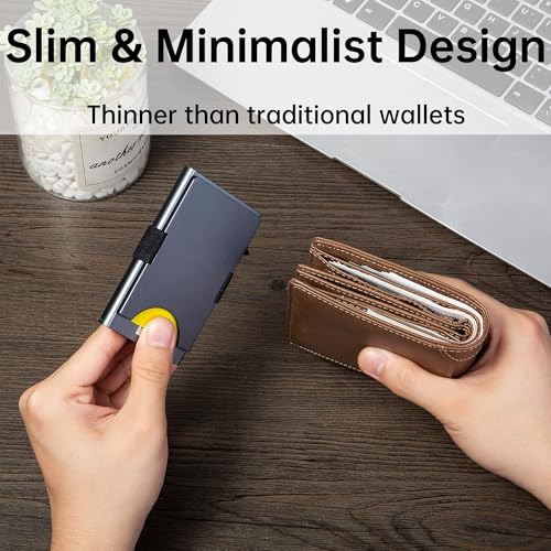 Image of Slim Card Holder Wallet for Men, Minimalist RFID Blocking Pop Up Wallet, Smart Metal Business Card Case Holds 12 Cards, Ultra-Thin Front Pocket Wallet, Gifts for Men