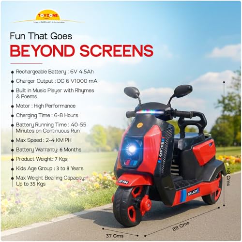 Image of Toyzone Galaxy Kids Electric Scooty (Red) | 6V 4.5Ah Battery Rechargeable Scooter | Music & Colourful LED Lights | Smooth Acceleration | 6 Months Battery Warranty | for Kids 3-8 Years, Upto 35 Kgs