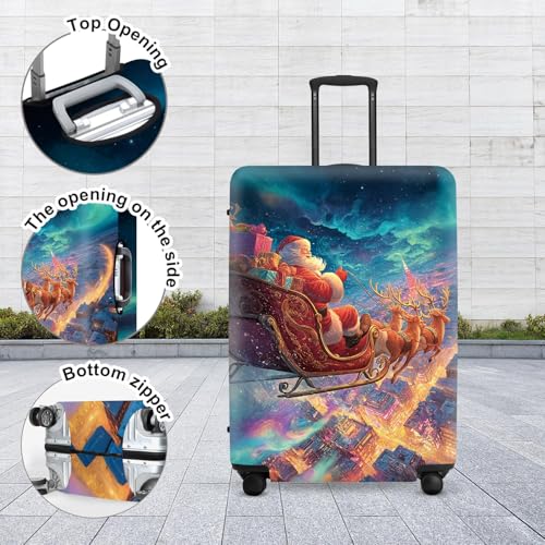 Image of Northern Lights Luggage Cover - Santa's Sleigh Flying Over City Under Aurora, Magical Stretchable Suitcase Protector 24 26 Inch