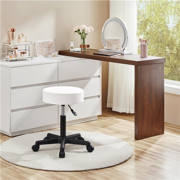 Taburete Giratorio Aburete Sobre Ruedas, Altura Regulable De 46 A 58 Cm, Asiento Tapizado En Cuero Sintético, Diámetro De 32 Cm, Para Oficina, Clínica Y Hogar