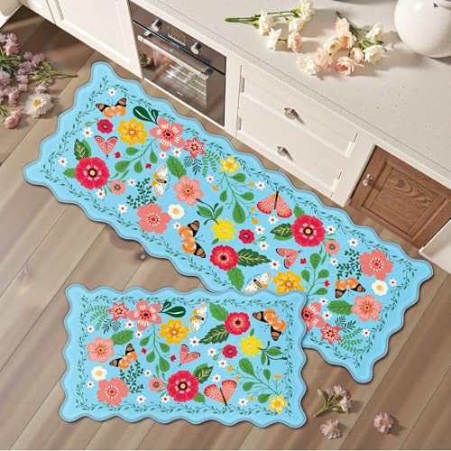 Scalloped Blue Kitchen Mats for Floor 2PC Cushioned Anti Fatigue Kitchen Mats Rugs Waterproof Non Slip Farmhouse Boho Floral Comfort Foam Standing Mat for Sink Laundry Floral- Light Blue 17.