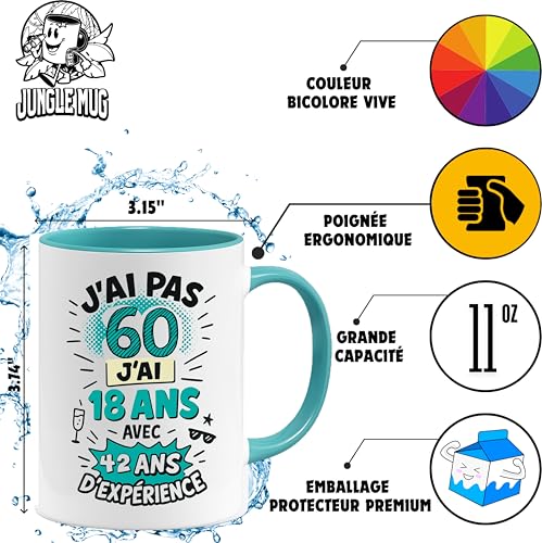 Jungle Mug | Mug 60 Ans Anniversaire Humour | Cadeau Original Femme Homme 60e Année | Tasse Drôle J’ai Pas 60 Ans – J’ai 18 Avec 42 Ans d’Expérience | Céramique, Blanc/Bleu, 330 ml – vue 2
